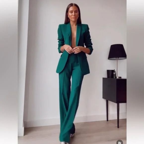 ZARA DARK GREEN TUXEDO COLLAR BLAZER - Picture 5 of 5